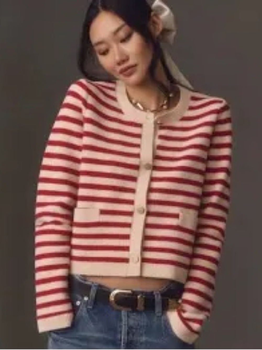 Anthropologie Maeve Red and Cream Striped Button-Front Cardigan